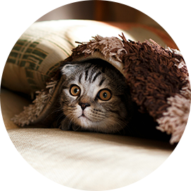 Our girl Lily (grey tabby adult cat peeking out from her favourite hiding place/ambush position - under the rug)