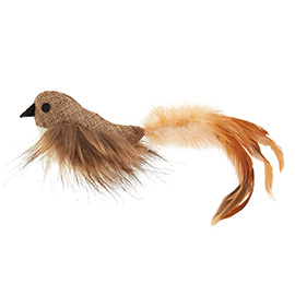 A hand-sewn catnip bird with feathers